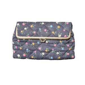 VTG Avon Quilted Floral Clutch – Navy Kiss Lock Purse with Mirror Grannycore